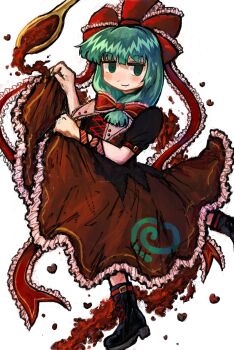  1girl dade_ne dress from_above front_ponytail full_body green_eyes green_hair hair_ribbon hand_on_own_hip highres kagiyama_hina long_hair looking_at_viewer one_eye_closed red_dress ribbon solo touhou white_background wrist_ribbon 