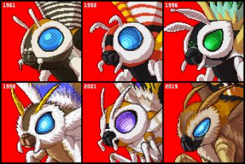  1961 1992 1996 1998 2001 2019 antlers blue_eyes bug butterfly compound_eyes eternal_mothra extra_eyes glowing glowing_eyes godzilla,_mothra_and_king_ghidorah:_giant_monsters_all-out_attack godzilla:_king_of_the_monsters godzilla_(series) godzilla_vs._mothra green_eyes horns insect kaiju legendary_pictures legs mandibles monster monsterverse moth mothra mothra_(film) mothra_(series) mothra_leo multiple_persona no_humans no_pupils pixel_art purple_eyes pyrasterran rebirth_of_mothra rebirth_of_mothra_iii red_background simple_eye_(invertebrates) toho wings 