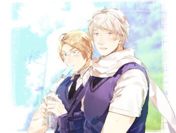  2boys ahoge america_(hetalia) artist_name axis_powers_hetalia bag black_necktie blonde_hair blue_eyes blue_sky blurry blurry_background blush border bottle cloud cloudy_sky collared_shirt commentary_request day food food_in_mouth from_side glasses grey-framed_eyewear hands_up holding holding_bag holding_bottle looking_at_object looking_at_viewer looking_down male_focus matching_outfits multiple_boys necktie open_mouth outside_border popsicle popsicle_in_mouth purple_bag purple_eyes purple_sweater_vest russia_(hetalia) scarf semi-rimless_eyewear shirt short_hair sky smile sweater_vest tatumin13 upper_body water_bottle white_border white_hair white_scarf white_shirt 