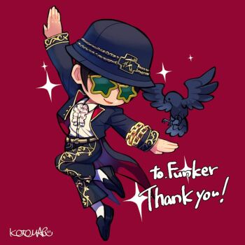  1girl bird black_hair black_jacket black_pants black_shoes center_frills chain closed_mouth commentary commission crow frills full_body jacket kotomaru_(kotokoto_kottan) ling_xiaoyu lipstick makeup outstretched_arms pants red_background shoes short_hair signature skeb_commission socks spread_arms star-shaped_eyewear star_(symbol) tailcoat tekken white_socks 