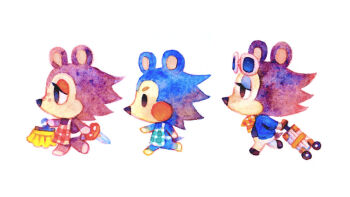  animal_crossing apron hedgehog label_able_(animal_crossing) mabel_able_(animal_crossing) nintendo sable_able_(animal_crossing) simple_background starstray suitcase sunglasses_on_head walking white_background 