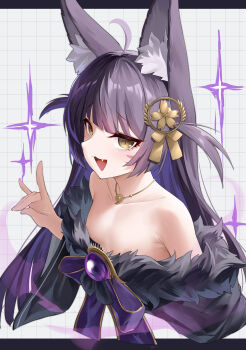  1girl :d absurdres animal_ears azur_lane bare_shoulders black_kimono blush breasts commentary_request fang fox_ears fox_girl fox_shadow_puppet hair_ornament hand_up highres japanese_clothes jewelry kafeifeifeifeifeifei_jiemo_jun kimono little_musashi_(azur_lane) long_hair magatama magatama_necklace necklace no_bra off_shoulder open_mouth purple_hair sakura_empire_(emblem) slit_pupils small_breasts smile solo upper_body very_long_hair yellow_eyes  rating:Sensitive score:7 user:danbooru