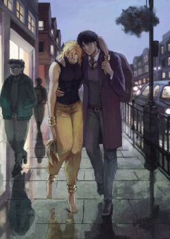  4boys alternate_universe arm_around_shoulder arms_around_waist backpack bag bangle barefoot black_hair blonde_hair blue_eyes bodysuit bracelet building car collared_shirt commentary dio_brando dupisan english_commentary evening grey_pants hair_between_eyes highres holding holding_shoes holding_unworn_clothes jacket jewelry jojo_no_kimyou_na_bouken jonathan_joestar lamppost leaning_on_person long_sleeves male_focus medium_hair motor_vehicle multiple_boys nail_polish necktie outdoors pants phantom_blood red_necktie reflection road shadow shirt shoes short_hair sky sleeveless sleeveless_bodysuit stardust_crusaders street sweater toenail_polish toenails unworn_shoes wet yellow_pants 