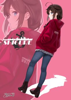  1girl absurdres ahoge blue_pants boots braid casual character_name commentary_request denim hair_flaps hair_ornament hair_over_shoulder hands_in_pockets high_heel_boots high_heels highres himura_moritaka hood hood_down hoodie jeans kantai_collection long_hair pants red_hoodie shigure_(kancolle) shigure_kai_san_(kancolle) single_braid 