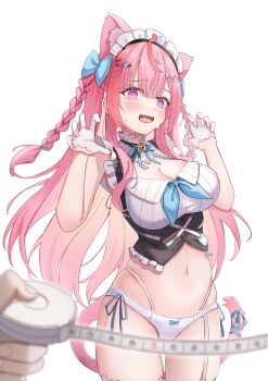  1girl absurdres ahoge animal_ears bad_id bad_pixiv_id bell blue_bow blue_ribbon blurry blurry_foreground blush bow braid breasts cat_ears cat_girl cat_hair_ornament cat_tail commentary_request gloves hair_bow hair_ornament hairclip heart heart_print highres indie_virtual_youtuber jingle_bell large_breasts long_hair maid maid_headdress miakiuehashi navel neck_bell neck_ribbon nude open_mouth panties pink_eyes pink_hair pink_tail ribbon simple_background solo_focus star_(symbol) star_hair_ornament stomach sweat tail tail_ornament tail_ribbon tape_measure thighhighs two_side_up underwear virtual_youtuber white_background white_gloves white_panties white_thighhighs yuuki_sakuna yuuki_sakuna_(3rd_costume) 