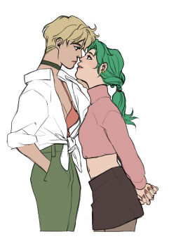  2girls arms_behind_back bishoujo_senshi_sailor_moon blonde_hair breasts brown_pantyhose brown_skirt choker cleavage closed_mouth collared_shirt couple cowboy_shot cropped_sweater earrings green_choker green_hair green_pants hair_tubes hand_in_pocket hand_on_another's_cheek hand_on_another's_face highres imminent_kiss jewelry kaciart kaiou_michiru leaning_forward long_hair looking_at_another low_ponytail medium_breasts midriff miniskirt multiple_girls navel orange_shirt own_hands_clasped own_hands_together pants pantyhose parted_bangs parted_lips pink_sweater ponytail shirt short_hair skirt sleeves_rolled_up sweater ten'ou_haruka tied_shirt white_background white_shirt yuri 