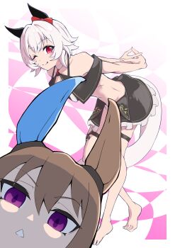  2girls absurdres admire_vega_(umamusume) animal_ears arms_behind_back bare_shoulders bikini black_bikini blush bow breasts brown_hair chia_ikaruga closed_mouth collarbone commentary_request curren_chan_(umamusume) ear_bow ear_covers grey_hair hair_between_eyes highres horse_ears horse_girl horse_tail long_hair looking_at_viewer multiple_girls one_eye_closed parted_lips purple_eyes red_bow red_eyes short_hair single_ear_cover smile stretching striped_bikini striped_clothes swimsuit tail thigh_strap tongue tongue_out umamusume white_bikini 