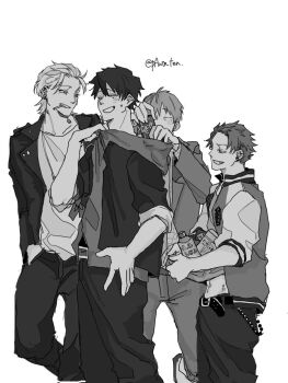  4boys abs adjusting_clothes aohitsugi_samatoki aohitsugi_samatoki_(tdd_era) barbell_piercing belt belt_buckle blush bottle buckle can choppy_bangs cigarette closed_eyes collarbone commentary_request drink_can ear_piercing earrings feet_out_of_frame formal_clothes greyscale grid_print grin hair_between_eyes hair_slicked_back hand_in_pocket hand_on_own_hip hand_up hands_up harai_kuko harai_kuko_(tdd_era) highres hood hood_basket hood_down hoodie hoop_earrings hypnosis_mic industrial_piercing jacket jacket_over_hoodie jewelry leather leather_jacket long_sleeves looking_at_another loose_hair_strand mad_comic_dialogue male_focus midriff_peek mole mole_under_eye monochrome mouth_hold mullet multiple_boys narrowed_eyes navel no_earrings nurude_sasara nurude_sasara_(tdd_era) open_clothes open_jacket pant0_ten pants piercing plug_(piercing) raised_eyebrows raised_inner_eyebrows shirt_basket short_hair simple_background sleeves_pushed_up sleeves_rolled_up small_sweatdrop smile smoking standing stud_earrings suit suit_jacket sukajan twitter_username very_short_hair wallet_chain white_background yamada_ichiro yamada_ichiro_(tdd_era) 