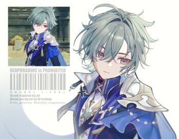  1boy ahoge blue_eyes closed_mouth collared_shirt commentary_request earrings eyes_visible_through_hair genshin_impact gold_trim green_hair hair_between_eyes jewelry lohen_(genshin_impact) looking_to_the_side male_focus mole mole_under_eye red_eyes reference_inset rin_gotarou shirt simple_background solo upper_body watermark 