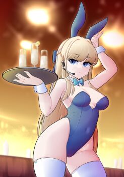 1girl :| alcohol animal_ears arm_above_head arm_up bare_hips bare_shoulders blonde_hair blue_archive blue_bow blue_bowtie blue_eyes blue_leotard blurry blurry_background bow bowtie breasts cameltoe closed_mouth collar covered_navel detached_collar dot_nose expressionless eyelashes fake_animal_ears feet_out_of_frame female_focus from_side hair_bow hand_up highleg highleg_leotard holding holding_tray indoors konan_exe leotard long_hair looking_at_viewer looking_to_the_side medium_breasts playboy_bunny rabbit_ears sidelocks solo standing strapless strapless_leotard thighhighs toki_(blue_archive) toki_(bunny)_(blue_archive) tray white_collar white_thighhighs wide_hips wrist_cuffs