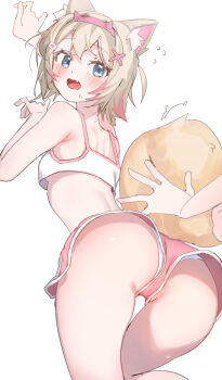  1boy 1other absurdres animal_ears ass blonde_hair blue_eyes blue_hair chocosong commentary_request dog_ears dog_tail from_behind highres hololive hololive_english mococo_abyssgard multicolored_hair panties panties_under_shorts pink_shorts shorts simple_background tail two-tone_hair underwear virtual_youtuber white_background white_panties 