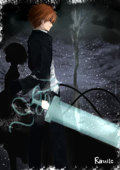  1boy 1girl absurdres arm_at_side back-to-back black_jacket black_pants cloud cloudy_sky commentary_request copyright_name dress energy_sword feet_out_of_frame from_side highres holding holding_sword holding_weapon jacket kagari_(rewrite) long_sleeves looking_ahead male_focus mono_kuro_(sblack0013) night open_clothes open_jacket open_mouth orange_eyes orange_hair outdoors pants partial_commentary profile rewrite serious shirt short_hair silhouette sky snowing solo_focus spiked_hair standing sword tennouji_kotarou tree v-shaped_eyebrows weapon white_shirt winter 