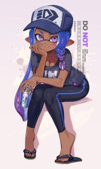 1girl artist_name black_sandals blue_hair blush braid breasts can cleavage collarbone dark-skinned_female dark_skin elbow_on_knee elbow_rest flip-flops gradient_hair hat head_rest highres holding holding_can inkling inkling_girl inkling_player_character jinkoika long_hair looking_at_viewer medium_breasts multicolored_hair nintendo pointy_ears purple_eyes purple_hair sandals shirt short_sleeves simple_background sitting smile solo splatoon_(series) splatter tentacle_hair twitter_username watermark white_background 