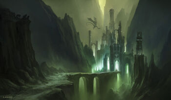  3boys andreas_rocha artist_name castle cliff commentary dated dragon english_commentary fog frodo_baggins glowing gollum highres landscape mountain mountainous_horizon multiple_boys outdoors painterly samwise_gamgee scenery the_lord_of_the_rings tolkien's_legendarium tower valley 