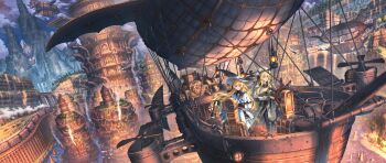  2girls absurdres aircraft airship bird black_pants blonde_hair blue_eyes building city cityscape commentary commission cross_hair_ornament dirigible dove dress english_commentary gauntlets goblin_slayer! hair_ornament hat highres house lantern long_hair mountainous_horizon multiple_girls nagi_itsuki pants pantyhose phoebe_(wuthering_waves) priestess_(goblin_slayer!) purple_eyes railroad_tracks river scenery second-party_source ship's_wheel skeb_commission sky steam steampunk train tree very_long_hair white_dress white_hat white_pantyhose wuthering_waves 