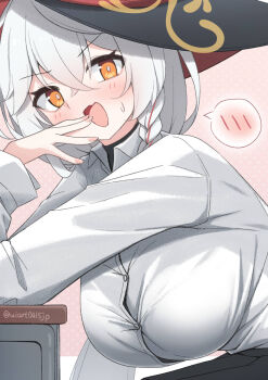  1girl blue_archive blush braid breasts commentary_request embarrassed eri_(blue_archive) fingernails halo hanging_breasts highres large_breasts long_hair long_sleeves looking_at_viewer nail_polish open_mouth orange_eyes pink_nails shirt side_braid smile speech_bubble spoken_blush umou_(may65879) upper_body white_hair white_shirt witch yellow_halo 