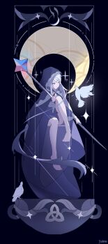  1girl absurdres art_nouveau artist_name bare_legs barefoot bird black_background blessing_of_the_welkin_moon blue_dress blue_eyes bowl card_(medium) cloak closed_mouth commentary_request crescent dove dress feet from_side full_body genshin_impact gradient_hair hair_between_eyes highres holding holding_staff hood hood_up hooded_cloak knee_up light_blush long_sleeves looking_at_animal looking_down looking_to_the_side moon multicolored_hair primogem shade short_hair sitting solo staff star_(sky) tarot tarot_(medium) white_bird white_hair wide_sleeves yuoo25 