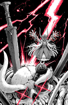  1girl arms_up black_background dress fake_horns fingernails full_body glint heisy_ss helmet highres horned_helmet horns huge_weapon jewelry lightning_bolt_symbol long_hair long_sleeves monochrome monster_girl object_through_head original ring screw_in_head sharp_fingernails simple_background skull solo standing very_long_fingernails weapon 