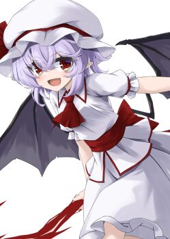  1girl akisome_hatsuka ascot back_bow bat_wings bow collared_shirt commentary_request fang hat hat_ribbon looking_at_viewer medium_hair mob_cap open_mouth pointy_ears puffy_short_sleeves puffy_sleeves purple_hair red_ascot red_bow red_eyes remilia_scarlet ribbon shirt short_sleeves simple_background skirt skirt_set smile solo spear_the_gungnir touhou white_background white_shirt white_skirt wings 