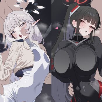  0haribo0 2boys 2girls against_glass black_bodysuit black_hair black_halo blue_archive bodysuit breast_press breasts breasts_on_glass bright_pupils brown_jacket censored cheek_on_glass cleft_of_venus clothed_female_nude_male commentary_request covered_navel cropped_jacket earclip faceless faceless_male grabbing_another's_ass grey_hair groping halo hand_on_glass heart heavy_breathing hetero himari_(armed)_(blue_archive) himari_(blue_archive) impossible_bodysuit impossible_clothes jacket large_breasts latex latex_bodysuit long_hair looking_at_viewer mole mole_under_eye mons_pubis mosaic_censoring multicolored_halo multiple_boys multiple_girls nude official_alternate_costume official_alternate_hairstyle open_clothes open_jacket open_mouth pointy_ears ponytail purple_eyes pussy pussy_cutout pussy_juice pussy_juice_trail red_eyes ringed_eyes rio_(armed)_(blue_archive) rio_(blue_archive) sex sex_from_behind small_breasts sweat teeth torn_bodysuit torn_clothes tsurime upper_teeth_only very_long_hair white_bodysuit white_halo white_pupils wide_hips 