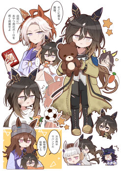  6+girls absurdres aged_down ahoge animal_ears ball beanie black_boots black_gloves black_hair black_pants blue_eyes blunt_bangs blush book boots bow bowtie brown_eyes brown_hair brown_hat carrot carrying closed_eyes closed_mouth coat commentary_request dream_journey_(umamusume) drink_carton ear_bow ear_covers ears_through_headwear eyewear_strap fenomeno_(umamusume) flipped_hair flower glasses gloves goggles goggles_around_neck gold_ship_(umamusume) grey_hair grey_hat hair_between_eyes hat heart highres holding holding_book holding_stuffed_toy horse_ears horse_girl horse_tail juice_box lollipop_in_mouth long_hair long_sleeves multicolored_hair multiple_girls nakayama_festa_(umamusume) open_mouth orange_hair orfevre_(umamusume) pants peaked_cap piggyback pillbox_hat purple_bow purple_eyes purple_hair purple_sailor_collar purple_serafuku purple_shirt reading rere_tu2 sailor_collar sailor_shirt school_uniform serafuku shirt single_ear_cover smile soccer_ball speech_bubble star_(symbol) stay_gold_(sunlit_outsider)_(umamusume) stay_gold_(umamusume) stuffed_animal stuffed_toy sweater tail torn_clothes torn_coat torn_pants tracen_school_uniform translation_request two-tone_hair umamusume white_bow white_bowtie white_hair white_shirt white_sweater yellow_coat 
