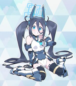  1girl aris_(armed)_(blue_archive) aris_(blue_archive) bare_shoulders black_hair black_thighhighs blue_archive blue_boots blue_eyes blue_gloves blue_halo blue_necktie blush boots commentary_request elbow_gloves gloves grin groin hair_between_eyes hair_ornament halo hypericum_(mppv1862) leotard long_hair long_hair_between_eyes looking_at_viewer mecha_musume mechanical_boots mechanical_gloves multicolored_boots necktie rectangular_halo sitting smile solo thighhighs thighs twintails two-tone_boots very_long_hair wariza white_boots white_leotard 