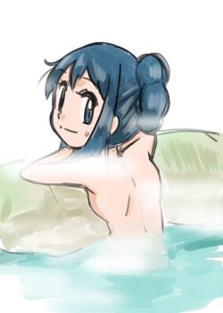  1girl blue_eyes blue_hair dawn_(pokemon) female_focus hainchu nintendo nude onsen pokemon pokemon_(anime) pokemon_dppt_(anime) sitting solo steam  rating:Questionable score:27 user:makutakraahkan