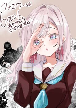  1girl :o absurdres aqua_neckerchief blue_eyes breasts brown_dress ceras_yanagida_lilienfeld collarbone commentary_request dress floral_background grey_background grey_hair hair_intakes hair_ribbon hasu_no_sora_school_uniform highres jin_(oihlf) link!_like!_love_live! long_sleeves looking_at_viewer love_live! medium_breasts milestone_celebration neckerchief ok_sign ok_sign_over_eye pink_ribbon ribbon sailor_collar sailor_dress school_uniform solo translation_request upper_body virtual_youtuber white_sailor_collar winter_uniform 