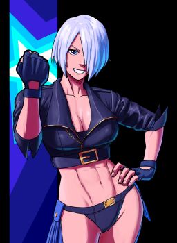  1girl abs absurdres angel_(kof) black_gloves black_jacket blue_eyes breasts cleavage clenched_hand commentary cropped_jacket fingerless_gloves gloves grin hand_on_own_hip highres jacket large_breasts looking_at_viewer midriff navel short_hair smile solo the_king_of_fighters toned toned_female white_hair xavisketch 