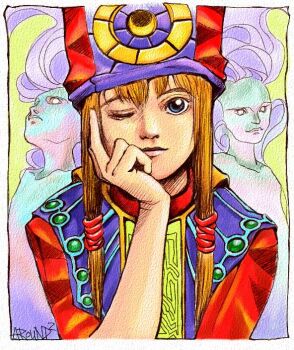  1girl around^2 artist_name bad_id blonde_hair blue_eyes border closed_mouth commentary crescent_print english_commentary hand_on_own_cheek hand_on_own_face hand_up hat head_rest light_smile long_sidelocks looking_at_viewer mitre multicolored_hat one_eye_closed original print_headwear purple_hat purple_tabard red_hat red_shirt shirt short_hair_with_long_locks sidelocks solo statue tabard upper_body white_border 