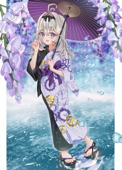  1girl absurdres antenna_hair black_kimono black_ribbon black_sandals clock_print flower full_body gear_print grey_hair hair_ribbon highres holding holding_umbrella isuzu_(an_icy_cat) japanese_clothes kimono looking_at_viewer medium_hair meitantei_precure! moria_luluka oil-paper_umbrella on_water open_mouth precure print_kimono purple_eyes purple_kimono purple_sash reflection ribbon sandals sash smile solo standing two-tone_kimono umbrella water_drop wisteria yukata 