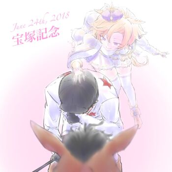  1boy 1girl black_gloves black_hat blonde_hair commentary_request crown gloves hat headpat highres horse horse_girl horse_tail jockey mikki_rocket_(racehorse) mini_crown real_life satopongraffiti shirt short_hair smile star_(symbol) star_print t.m._opera_o_(o_sole_suo!)_(umamusume) t.m._opera_o_(umamusume) tail tears umamusume wada_ryuji white_shirt wiping_tears 