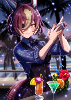  1girl absurdres alternate_costume animal_ears bartender black_bow black_bowtie black_pants black_vest blurry blurry_background bow bowtie breasts brown_hair cocktail_glass cocktail_shaker collared_shirt commentary_request cowboy_shot cup drinking_glass drinking_straw eyepatch flower food fruit hair_between_eyes hibiscus highres horse_ears horse_girl horse_tail looking_at_viewer multicolored_hair orange_(fruit) orange_slice otono_(bkt4b) outdoors palm_tree pants pineapple pineapple_slice purple_shirt shirt sleeves_rolled_up small_breasts solo standing streaked_hair striped_clothes striped_shirt tail tanino_gimlet_(umamusume) tree umamusume vertical-striped_clothes vertical-striped_shirt vest white_hair yellow_eyes 