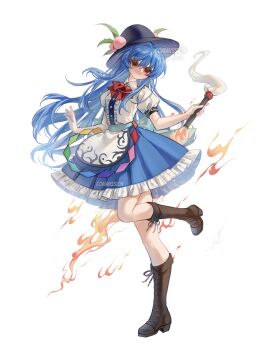  1girl 80isiiii absurdres black_hat blue_hair blue_skirt boots bow bowtie brown_boots center_frills chinese_commentary closed_mouth commentary_request commission frilled_skirt frills fruit_hat_ornament full_body hat hat_ornament highres hinanawi_tenshi holding holding_sword holding_weapon knee_boots leaf_hat_ornament long_hair looking_at_viewer peach_hat_ornament puffy_short_sleeves puffy_sleeves rainbow_gradient rainbow_order red_bow red_bowtie red_eyes shirt short_sleeves simple_background skirt smile solo sword sword_of_hisou touhou very_long_hair weapon white_background white_shirt 