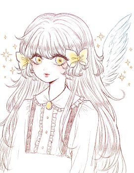  1girl angel_wings bow brooch brown_hair center_frills collared_shirt commentary cropped_torso dot_nose eleanor_(ohmyeleanor) enjel expressionless eyelashes feathered_wings frilled_shirt_collar frills hair_between_eyes hair_bow jewelry light_blush lipstick long_hair long_sleeves makeup parted_lips pink_lips pocket_mirror shirt sidelocks simple_background single_wing solo sparkle suspenders very_long_hair white_background white_shirt white_wings wings yellow_bow yellow_eyes 