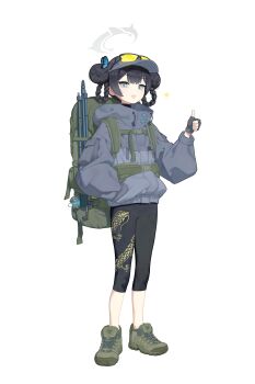  1girl :d absurdres black_gloves black_hair black_pants blue_archive braid braided_hair_rings butterfly_hair_ornament double_bun dragon_print eyewear_on_head fingerless_gloves gloves green_bag green_shoes grey_eyes grey_halo grey_jacket hair_bun hair_ornament hair_rings halo hand_in_pocket hand_up highres jacket kisaki_(blue_archive) long_hair looking_at_viewer open_mouth pants shoes simple_background smile sneakers solo standing sunglasses thumbs_up visor_cap white_background windbreaker yoga_pants yona_(yoroyoro) 