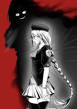  1boy 1girl ahalfsispoon angry ascot beret bracelet braid braided_ponytail cape commentary_request curtained_hair evil_smile formal_clothes from_side hat highres jewelry looking_to_the_side medium_hair melty_blood monochrome night_of_wallachia plaid_clothes plaid_skirt red_eyes shirt sion_eltnam_(type-moon) sion_eltnam_atlasia sion_tatari skirt smile standing thighhighs tsukihime vampire zettai_ryouiki 