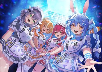  4girls :d absurdres animal_ear_fluff animal_ears apron black_dress blonde_hair blue_dress blue_hair breasts brown_eyes chameleon_(chameleon0613) commentary_request dark-skinned_female dark_elf dark_skin dress elf green_eyes grey_hair group_picture heterochromia highres hololive hololive_3rd_generation_live_outfit hololive_fantasy houshou_marine idol large_breasts light_rays maid maid_headdress microphone multicolored_hair multiple_girls open_mouth orange_dress pointy_ears rabbit_ears rabbit_girl reaching reaching_towards_viewer red_eyes red_hair shiranui_flare shirogane_noel smile standing teeth twintails two-tone_hair upper_teeth_only usada_pekora virtual_youtuber white_apron white_hair yellow_eyes 