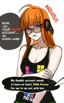  1girl absurdres ahoge behind-the-head_headphones black_tank_top blunt_bangs breasts cleavage collarbone commentary dialogue_box disappointed disgust english_commentary english_text glasses headphones highres long_hair looking_at_viewer medium_breasts nero_watch open_mouth orange_hair persona persona_5 purple_eyes reddit sakura_futaba simple_background solo speech_bubble tank_top very_long_hair white_background 