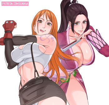  2girls armpits black_hair black_skirt black_sleeves blush boa_hancock boa_hancock_(cosplay) breasts brown_eyes cleavage closed_mouth collarbone cosplay cowboy_shot crop_top crossover detached_sleeves earrings fatal_fury final_fantasy final_fantasy_vii fingerless_gloves gloves hand_fan high_ponytail holding holding_fan jewelry large_breasts lipgloss long_hair looking_at_viewer midriff miniskirt motoyui multiple_girls nami_(one_piece) navel ninja one_piece orange_hair panties parted_bangs patreon_username pencil_skirt pink_lips ponytail red_gloves shiranui_mai shoulder_tattoo simple_background skirt stretching suspender_skirt suspenders tank_top tattoo the_king_of_fighters tifa_lockhart tifa_lockhart_(cosplay) tongue tongue_out underwear uukkaa white_background white_panties white_tank_top 