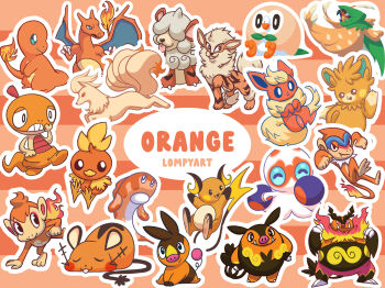  arcanine artist_name charizard charmander chimchar clobbopus closed_eyes closed_mouth color_connection commentary decidueye dedenne emboar english_commentary english_text fang fangs fire flame-tipped_tail flareon gen_1_pokemon gen_3_pokemon gen_4_pokemon gen_5_pokemon gen_6_pokemon gen_7_pokemon gen_8_pokemon highres hisuian_growlithe lompyart lying merchandise_available monferno ninetales nintendo open_mouth orange_theme outline pawmot pignite pokemon pokemon_(creature) pokemon_focus raichu rowlet scraggy shirt sitting sleeping smile striped_clothes striped_shirt tail tatsugiri tatsugiri_(curly) teeth tepig tongue tongue_out torchic white_outline 