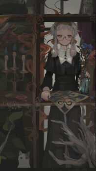  1girl absurdres artist_name bare_tree black_cat black_dress blue_fire blue_flower candelabra candle candlestand cat commentary dress empty_eyes expressionless fire flower glasses grey_eyes grey_hair hairband highres holding_vase leaf long_dress long_sleeves looking_at_viewer medium_hair nyannsaka original puritan_collar round_eyewear semi-rimless_eyewear shelf solo standing symbol-only_commentary table tree under-rim_eyewear vase white_cat 