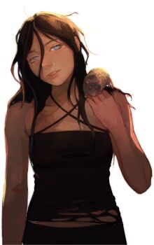  1girl angela_he animal animal_on_shoulder black_hair black_pants black_tube_top cowboy_shot criss-cross_halter expressionless halterneck highres holding holding_animal looking_at_viewer looking_to_the_side messy_hair mouse_(animal) non-web_source official_art pants parted_lips shirt solo stop_burying_me_alive_beautiful! strapless tan torn_clothes torn_shirt tube_top white_eyes 