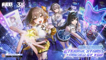  1boy 5girls ahoge anis_(star)_(nikke) black_gloves black_hair black_hat black_skirt blue_eyes blue_skirt bow breasts brown_hair brown_pants brown_shirt brown_suit commander_(nikke) commentary concert english_commentary fingernails formal_clothes frica_(nikke) gloves glowstick goddess_of_victory:_nikke green_eyes grey_hair hair_bow hair_over_eyes hairband hat highres idol indoors jacket jewelry large_breasts long_hair looking_at_another looking_at_viewer medium_hair mint_(nikke) multiple_girls music neo-neon_(nikke) official_alternate_costume official_art pants penlight_(glowstick) platform rapi_(nikke) rapi_(red_hood)_(nikke) red_eyes red_hair ring shirt shoes short_hair singing skirt standing suit white_hairband white_shirt white_shoes yellow_bow yellow_eyes yellow_jacket yellow_skirt 