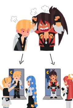  2girls 3boys :d ^_^ anger_vein angry angry_boss_with_happy_family_irasutoyas_(meme) arrow_(symbol) black_shirt blonde_hair brown_hair clenched_hands closed_eyes commentary dizzy_(guilty_gear) doorway family guilty_gear guilty_gear_strive highres irasutoya jack-o'_valentine jacket ky_kiske long_hair meme multiple_boys multiple_girls open_mouth parody ponytail puff_of_air queen_dizzy red_jacket sharp_teeth shirt simple_background sin_kiske smile sol_badguy teeth unreliablemaso white_background 