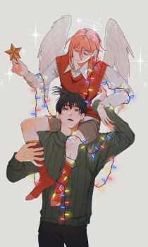  2boys angel_devil_(chainsaw_man) angel_wings black_hair black_pants carrying chainsaw_man christmas_lights collared_shirt commentary earrings hair_between_eyes halo hayakawa_aki jewelry kneehighs long_hair long_sleeves male_focus multiple_boys no_shoes pants penguin_jun red_socks shirt short_hair shorts shoulder_carry socks sweater sweater_vest topknot turtleneck turtleneck_sweater white_shirt wings yaoi 