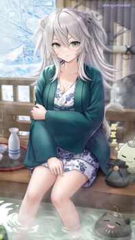  1girl absurdres ahoge alternate_costume animal_ear_piercing animal_ears ashiyu bare_legs blush breasts choko_(cup) cleavage closed_mouth collarbone commentary cup double-parted_bangs ear_piercing feet_out_of_frame food fruit green_eyes grey_hair hair_between_eyes hand_on_own_arm hanten_(clothes) highres hololive japanese_clothes kimono large_breasts legs lion_ears lion_girl lion_tail long_hair long_sleeves looking_at_viewer onsen outdoors piercing print_kimono shishiro_botan short_kimono sidelocks sitting snow soaking_feet solo sparkle ssrb_(shishiro_botan) tail thighs tokkuri virtual_youtuber wajuniorbox wide_sleeves zzz 