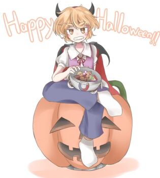 1other androgynous annoyed bad_id bad_pixiv_id black_cape black_horns blonde_hair blue_pants brown_eyes candy cape chocolate cinnamon_stick clenched_teeth collared_shirt commentary_request demon_horns fang food full_body goggles goggles_on_headwear grey_helmet hair_between_eyes halloween happy_halloween hat_ornament helmet holding holding_unworn_helmet horns image_sample jack-o'-lantern jandare leg_up len'en light_blush magnet neck_ribbon other_focus pants pixiv_sample print_vest puffy_short_sleeves puffy_sleeves purple_vest red_cape red_ribbon ribbon shadow shirt short_hair short_sleeves simple_background sitting socks solo star_(symbol) star_print teeth thick_eyebrows two-sided_cape two-sided_fabric umatachi_tsugumi unworn_headwear unworn_helmet vest white_background white_shirt white_socks 