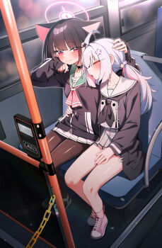  2girls absurdres ahoge animal_ears black_hair black_jacket blue_archive blush brown_pantyhose bus_interior cat_ears closed_mouth commentary grey_shirt grey_skirt hair_ornament hairclip hand_on_another's_head highres jacket kazusa_(blue_archive) long_hair long_sleeves looking_at_another multiple_girls pantyhose pink_hair pink_shoes pleated_skirt red_eyes reisa_(blue_archive) shirt shoes sitting skirt smile star_(symbol) star_hair_ornament symbol-only_commentary white_skirt whonyang 