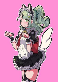  1girl absurdres animal_ear_hairband animal_ears bell black_dress black_garter_straps blush breasts cat_ear_hairband cat_ears closed_mouth commentary cowboy_shot dress english_commentary fake_animal_ears frilled_dress frilled_sleeves frills from_side garter_straps ghost_hair_ornament green_eyes green_hair hair_ornament hairband heart heart_hair_ornament highres looking_at_viewer maid maid_headdress mujib multiple_hair_clips neck_bell necktie official_alternate_costume paw_pose pink_background ponytail red_bag red_necktie simple_background small_breasts solo sunna_(afternoon_tea_break)_(zenless_zone_zero) sunna_(zenless_zone_zero) white_wings winged_bag wings zenless_zone_zero 